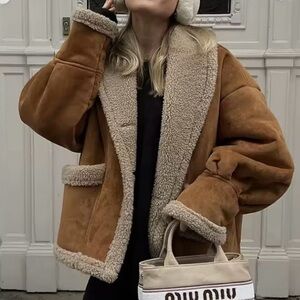 NWT! Brown Shearling Jacket with Cream Trim